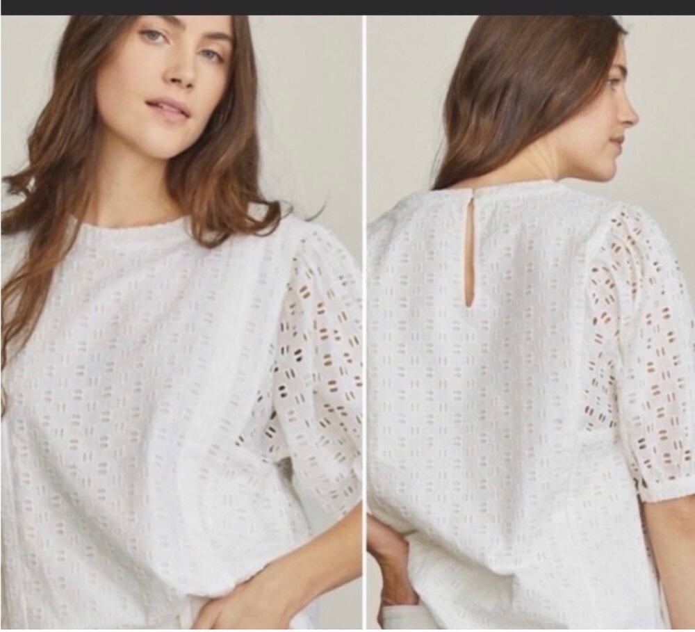 Elizabeth and James Women's Large White Eyelet Puff Sleeve Blouse Cotton Blend